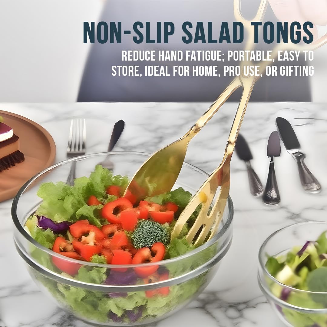 Salad Tongs for Serving 2 Pack - Premium Stainless Steel Scissor-Style, Non-Toxic, Heat-Resistant Salad Servers, Dishwasher Safe, Ideal for Buffet and Party Use (Gold)