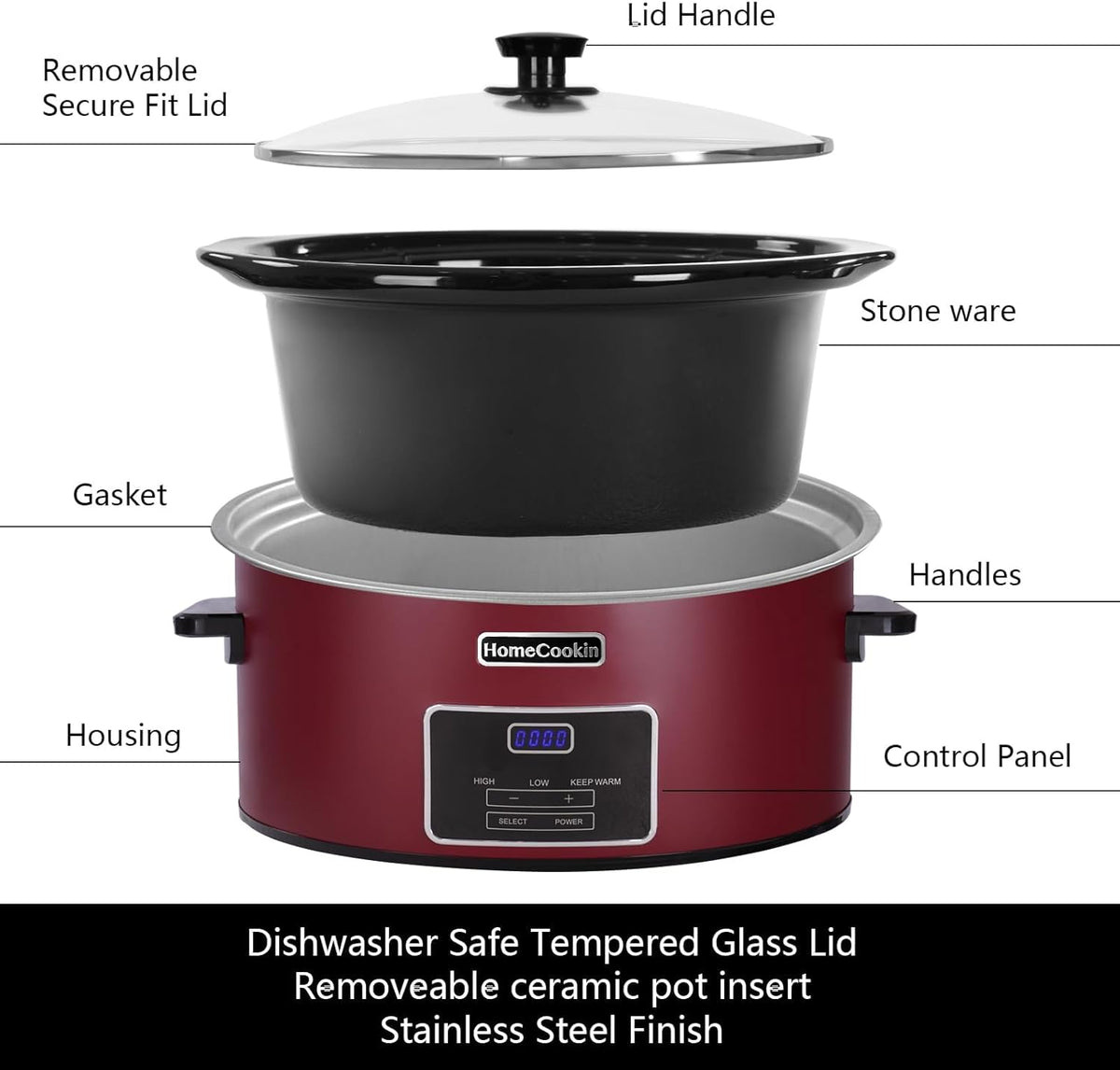 HOMECOOKIN 6 Quart Programmable Slow Cooker, Kitchen Appliances, Perfect Kitchen Small Appliance for Family Dinners, Red Stainless Steel
