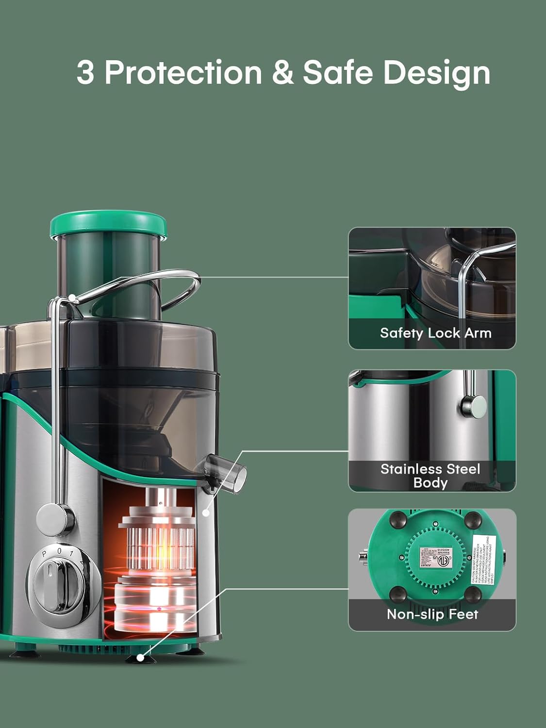 Juicer Machines, Juilist 3" Wide Mouth Juicer Extractor, for Vegetable and Fruit with 3-Speed Setting, 400W Motor, Easy to Clean, Green