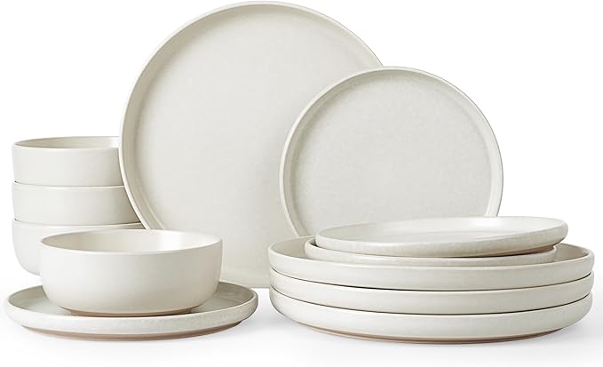 Famiware Milkyway Plates and Bowls Sets, 12 Pieces Dinnerware Sets, Reactive Glaze Dish Set, Stoneware Dishes Set for 4, Matte Beige White