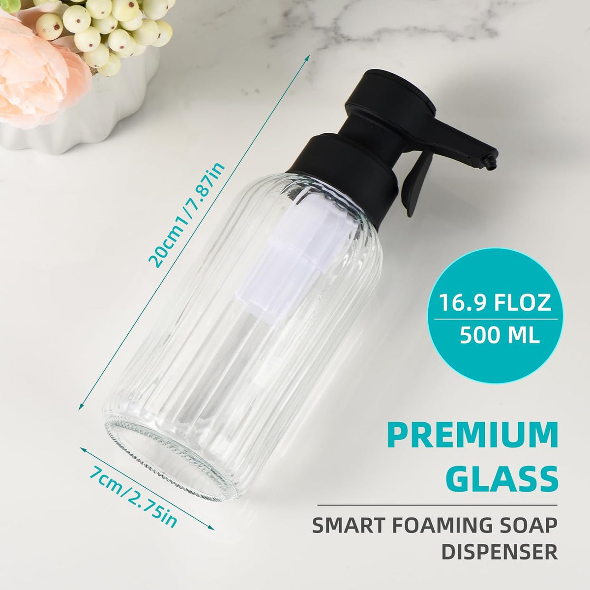 Automatic Foaming Soap Dispenser, 17oz Clear Glass Hand Soap Dispenser with ABS Touch Sensor Pump Battery Operated, Dish/Hand Soap Refillable for Bathroom Kitchen (Black)