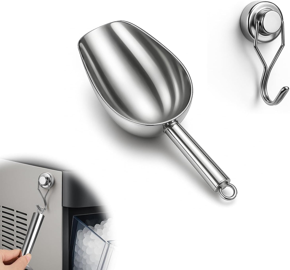 Stainless Steel Ice Scoop for Freezer with Magnetic Hook - Ice Scoop for GE Profile Opal 2.0 Nugget Ice Maker, for Kitchen Bar Party Accessories (3OZ)
