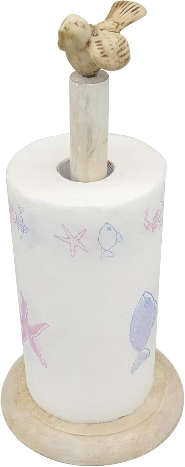 Bird Design Shabby Whitewashed Wood Paper Towel Holder Stand Up Paper Towel Holder, Easy One-Handed Tear Kitchen Paper Towel Dispenser with Weighted Base for Standard Paper Towel Rolls