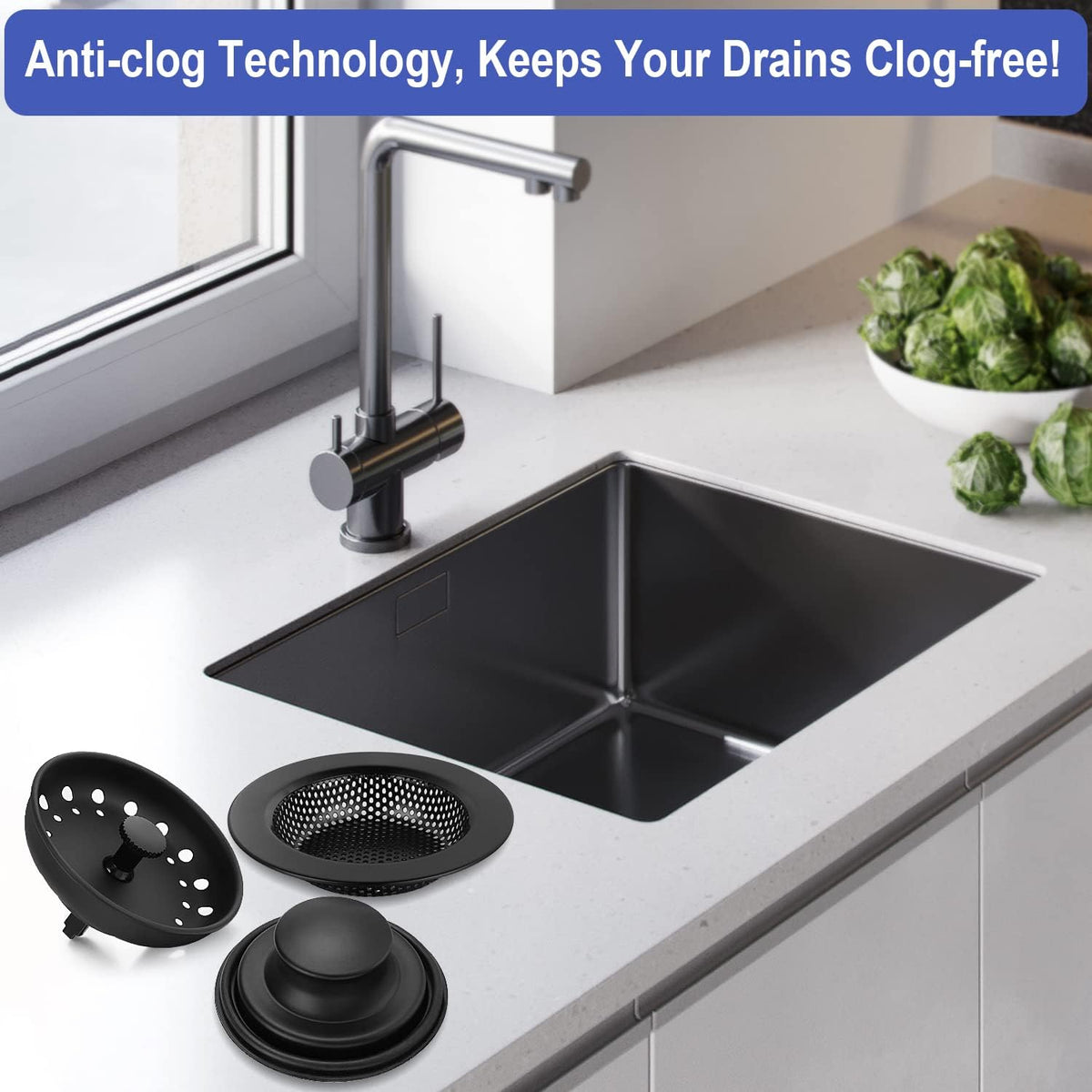 Kitchen Sink Drain Strainer 3 Pack Stainless Steel Sink Stopper, Anti-Clogging Kitchen Sink Drain Basket for Kitchen Sink Strainer Replacement Set (Black, 3 Pack)