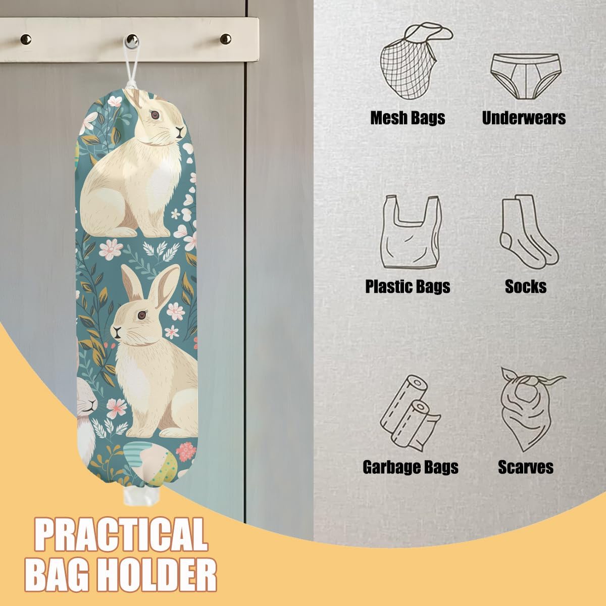 Rabbit Bunny Plastic Bag Holder, Wall Mount Grocery Bag Holder, Plastic Storage bag, Pull Rope Free Adjustment, Plastic Bag Holders for Grocery Bags, Plastic Bag Dispenser for Home Kitchen Cabinet