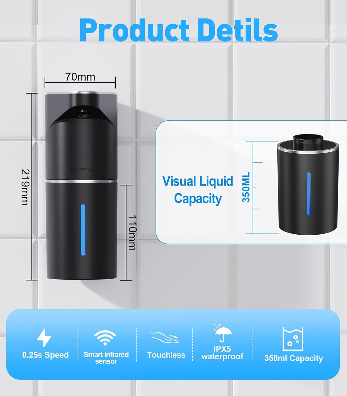 Automatic Soap Dispenser,Touchless Hand Wall Mount Rechargeable 3 Gear Adjustable Electric Soap Dispenser 350ml with Infrared Motion Sensor for Bathroom,Kitchen,Office, Black