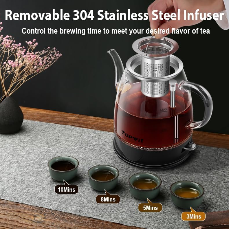 Topwit Electric Kettle Glass, For Hot Water, Tea and Coffee Dual Purpose Design, BPA-Free, 1L Pour Over Removable Stainless Steel Infuser, Auto-shut Off & Boil-dry Protect