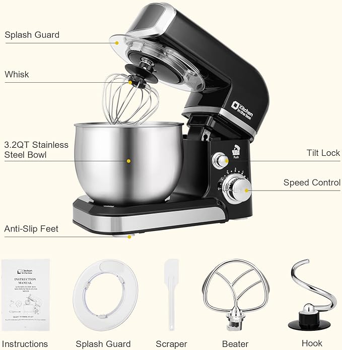 Kitchen in the box Stand Mixer,3.2Qt Small Electric Food Mixer,6 Speeds Portable Lightweight Kitchen Mixer for Daily Use with Egg Whisk,Dough Hook,Flat Beater (Black)