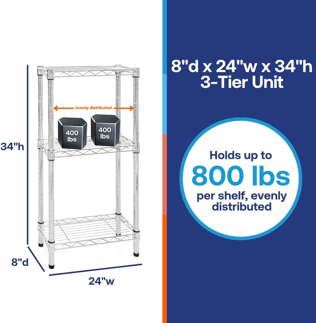 Shelving Inc. 8" d x 24" w Chrome Wire Shelving with 3 Tier Shelves, Weight Capacity 800lbs Per Shelf