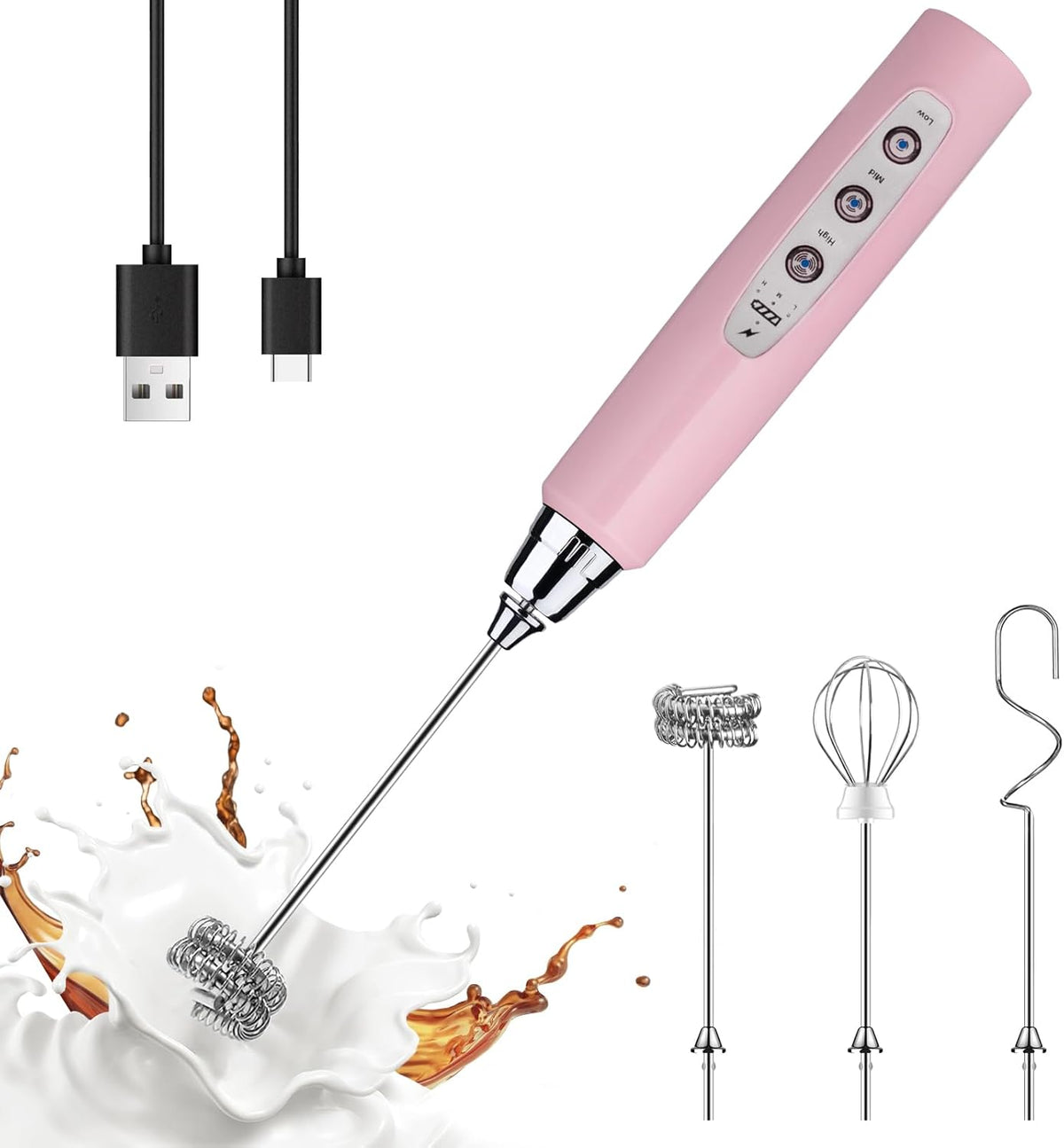 YUSWKO Pink Milk Frother Handheld with 3 Heads, Coffee Whisk Drink Foam Mixer with USB Rechargeable 3 Speeds, Electric Hand Frother for Latte, Cappuccino, Hot Chocolate, Egg