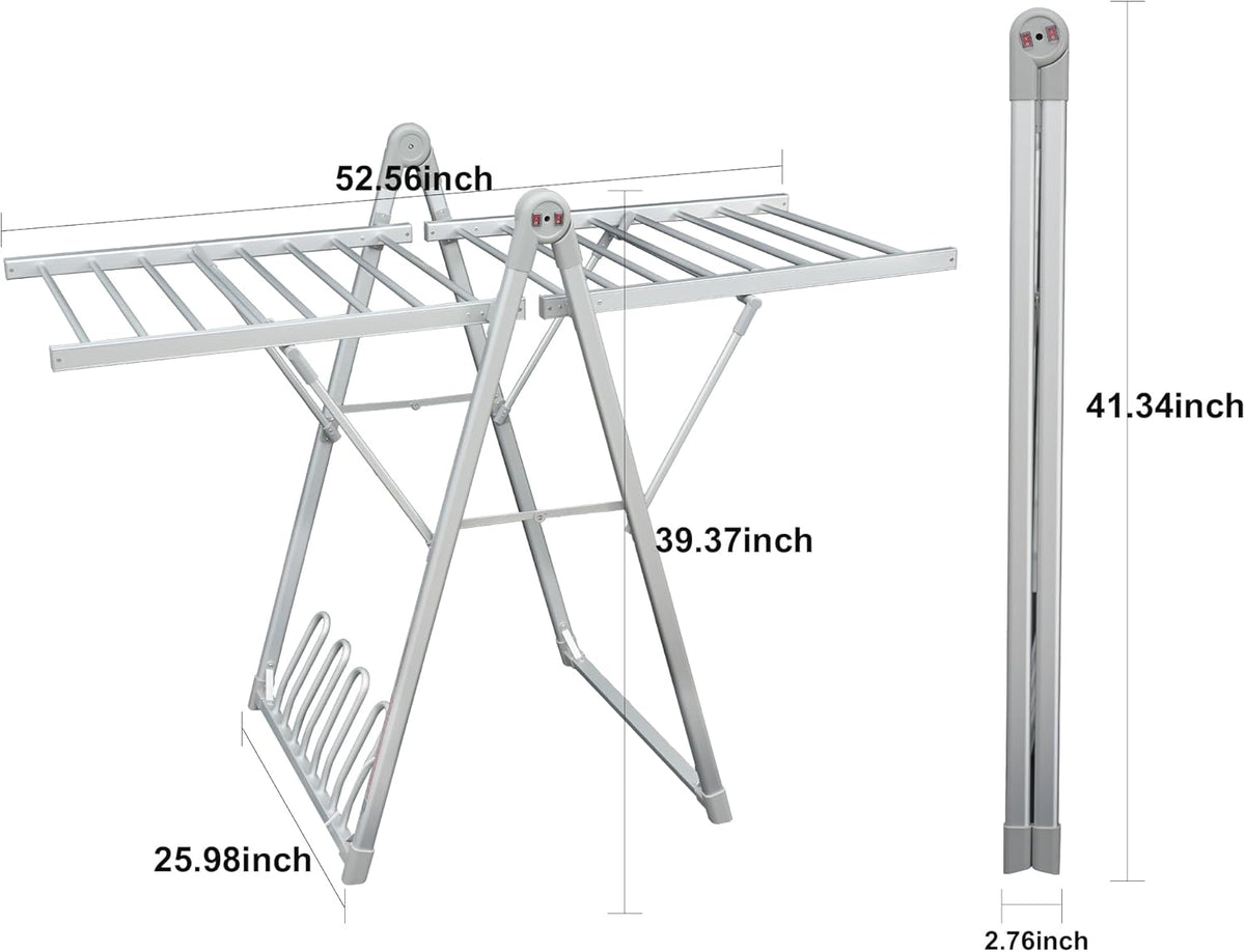 Electric Heating Clothes Drying Rack,Foldable Clothes Drying Rack,Suitable for Drying Clothes, Shoes and Socks.Plug & Play,Silvery Gray,Aluminum Alloy,One-Click Switch(39.37×52.56×25.98in)