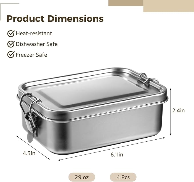 4 PCS Bento Boxes, 850 ML Stainless Steel Lunch Boxes, Food Storage Containers, Portable Metal Lunch Containers, Lockable Clips to Leak Proof, Reusable Dishwasher Safe Lunch Snack Boxes