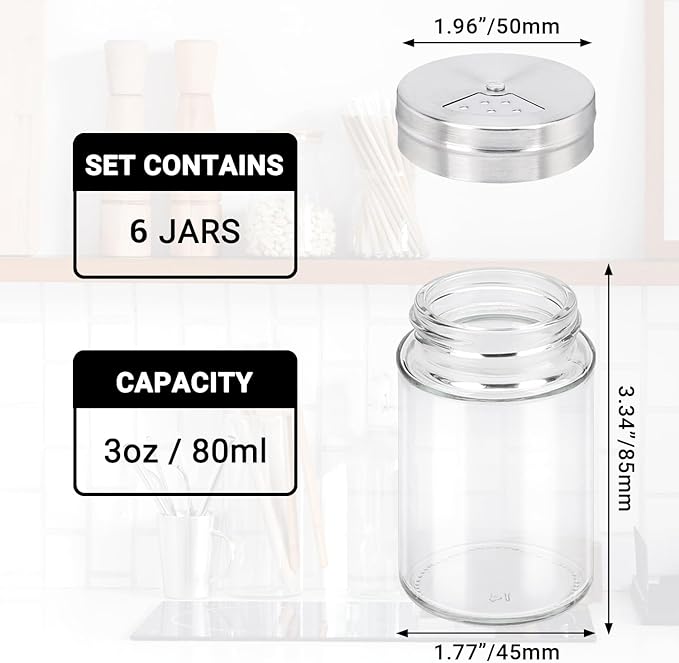 Segarty Spice Jars, 6 Pack 3 oz Spice Bottles with Shaker Lids, Glass Empty Storage Containers with Adjustable Stainless Steel Flow Top for Your Regularly Used Spices