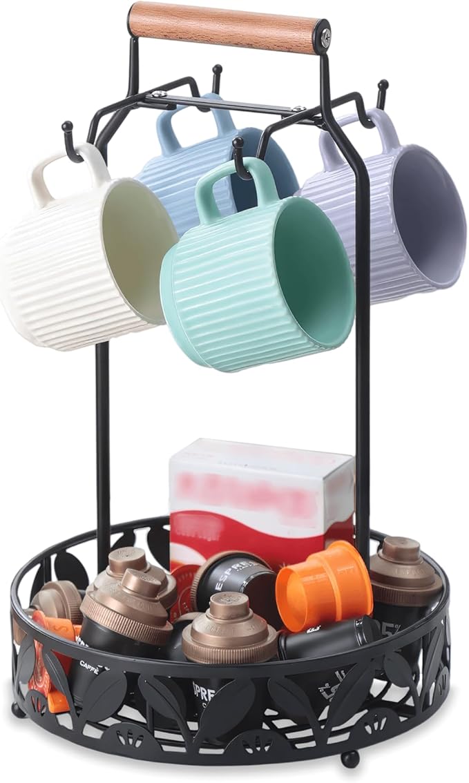 Mug Holder for Countertop, 2-in-1 Mug Tree for Large Mugs & Coffee Cup Stand with Storage Basket - Mug Rack & Organizer for Coffee Bar Accessories