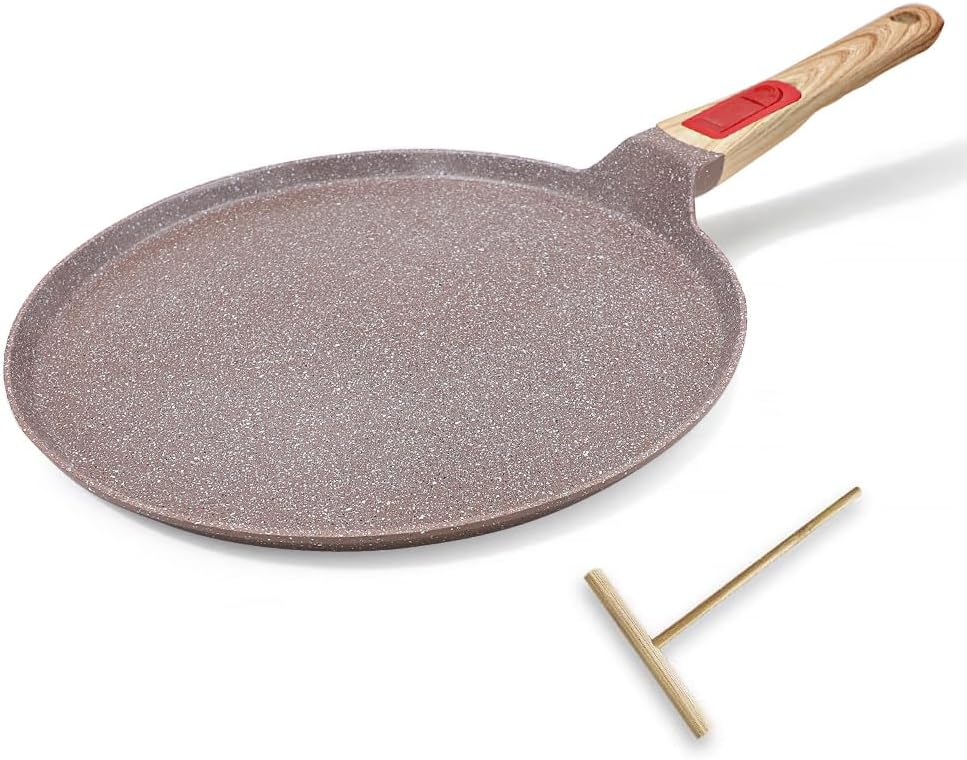 Ceramic Crepe Pan 12 Inch, Nonstick Dosa Pan Pancake Pan with Detachable Handle Round Griddle - Brown