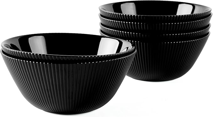 30 OZ Max Cereal Soup Bowl Set of 6, Opal Glass 7.2 inch Black Ribbed Bowls for Ramen, Noodle, Salad, Fruit, Dishwasher and Microwave Safe