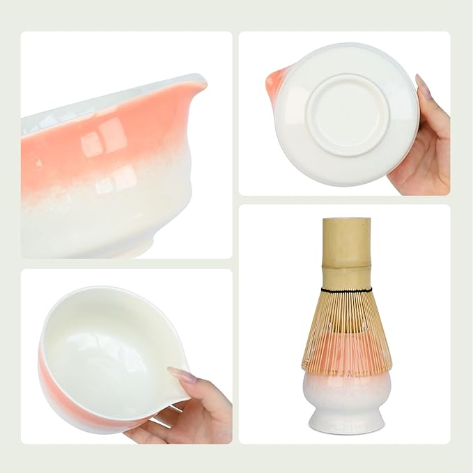 Pink Matcha Whisk Making Set - Japanese Tea Kit with Whisk Bowl and Bamboo Scoop Ceramic Chawan with Spout for Traditional Tea Ceremony Complete Matcha Making Tools Gift for Tea Lovers (Pink, 7 PCS)