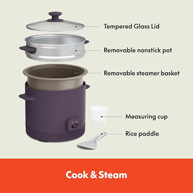bella 16 Cup Rice Cooker with Steamer, Dishwasher Safe Steaming Basket, Rice Paddle and Measuring Cup, Removable Nonstick Cooking Bowl, Automatic Keep Warm Function, 400 Watt, Plum