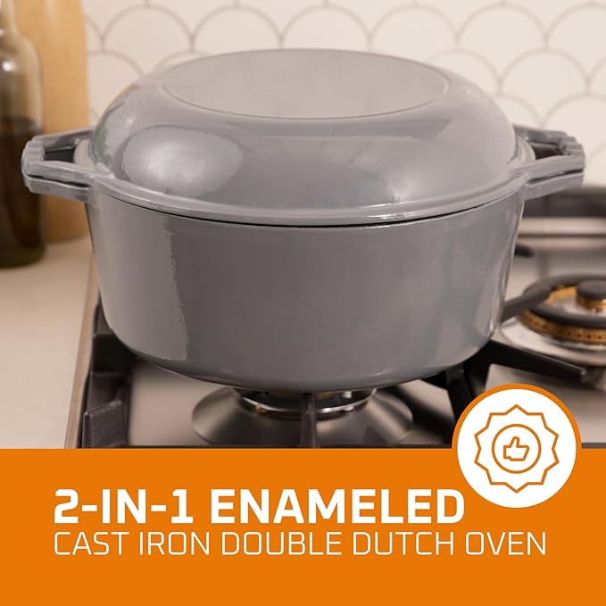 Bruntmor 2-in-1 Enamel Cast Iron Dutch Oven With Handles - Crock Pot Grey Cast Iron pot with Skillet lid - All-in-One Cookware Braising Pan for Casserole Dish - 7 Quart, Grey