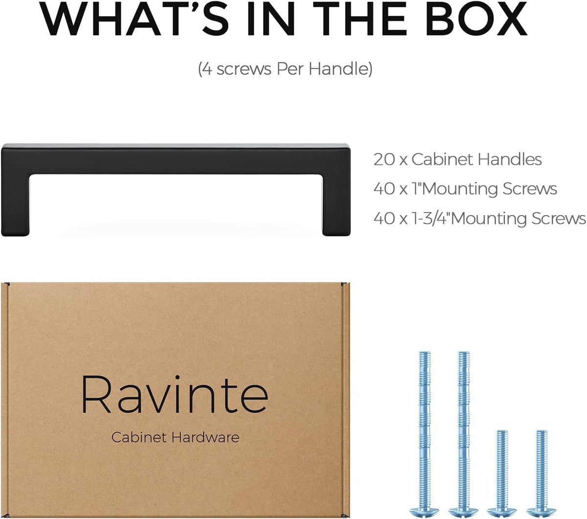Ravinte 20 Pack Solid 4 Inch Center to Center Slim Square Bar Drawer Handles - Black Drawer Pulls Matte Black Cabinet Pulls for Kitchen Cabinet Hardware