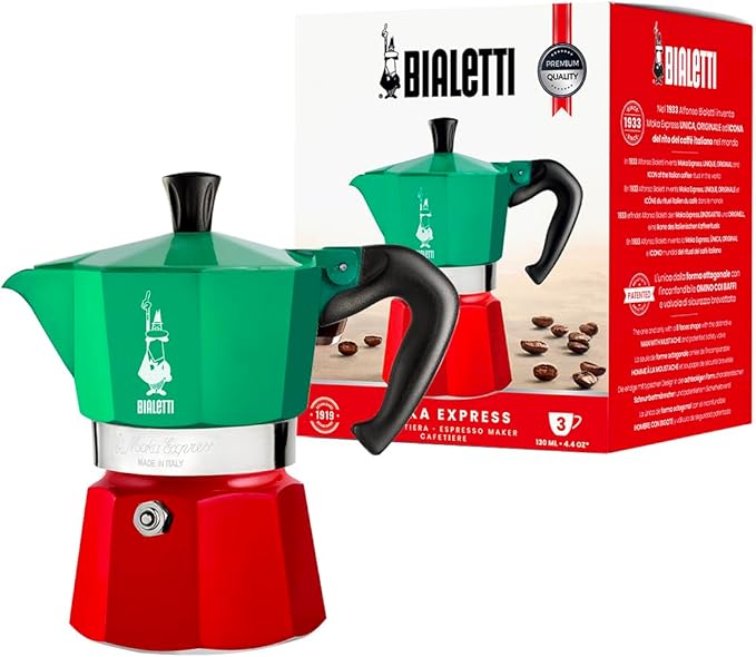 Bialetti - Moka Express Italia Collection: Iconic Stovetop Espresso Maker, Makes Real Italian Coffee, Moka Pot 3 Cups (4.3 Oz - 130 Ml), Aluminium, Colored in Red Green Silver