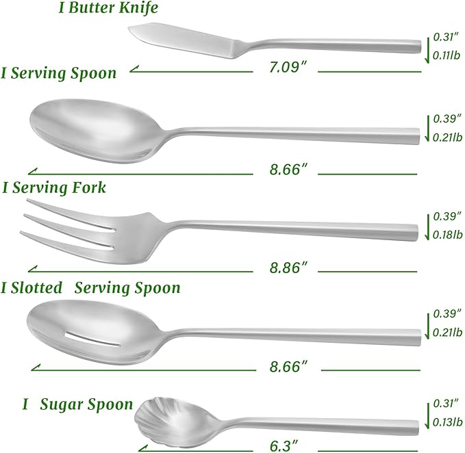 DEACORY 5-Piece Silverware Stainless Steel Matte Finished Flatware Thick Heavy Hexagon Cutlery Serving Utensils Set