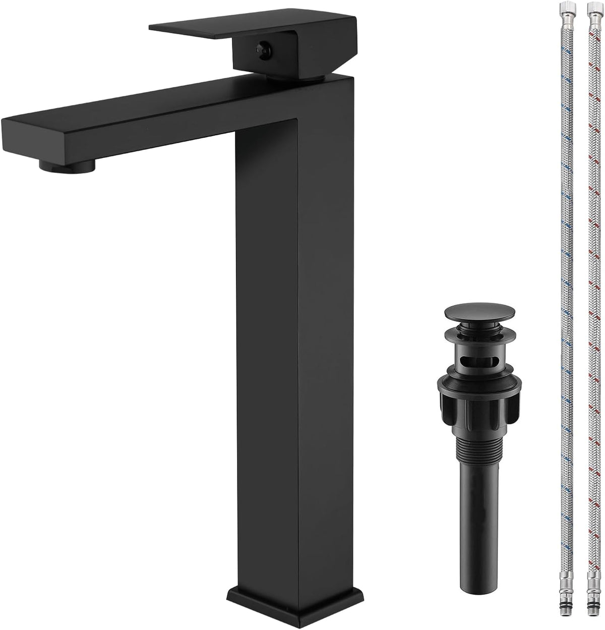 Matte Black Bathroom Faucet Single Handle 1 Hole Tall Bathroom Vessel Sink Faucet, 304 Stainless Steel Modern Vanity Faucet Basin Mixer Tap with Water Supply Hose and Pop Up Sink Drain
