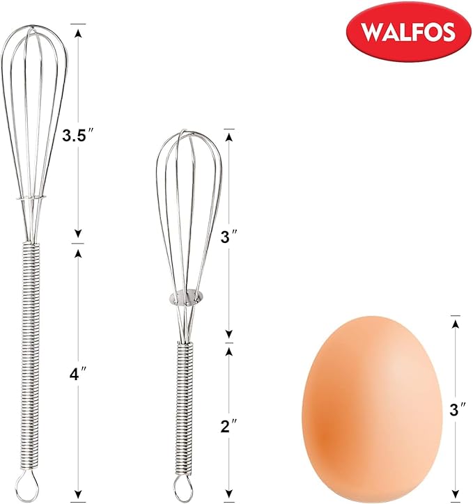 Walfos Mini Whisks Stainless Steel, Small Whisk 2 Pieces, 5in and 7in Tiny Whisk for Whisking, Beating, Blending Ingredients, Mixing Sauces
