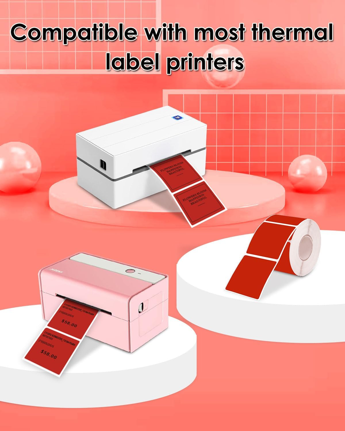 iEager Red Square Thermal Label Stickers, 2"x2" Self-Adhesive Square Direct Thermal Labels with Perforation Line, 500 Sheets/Roll