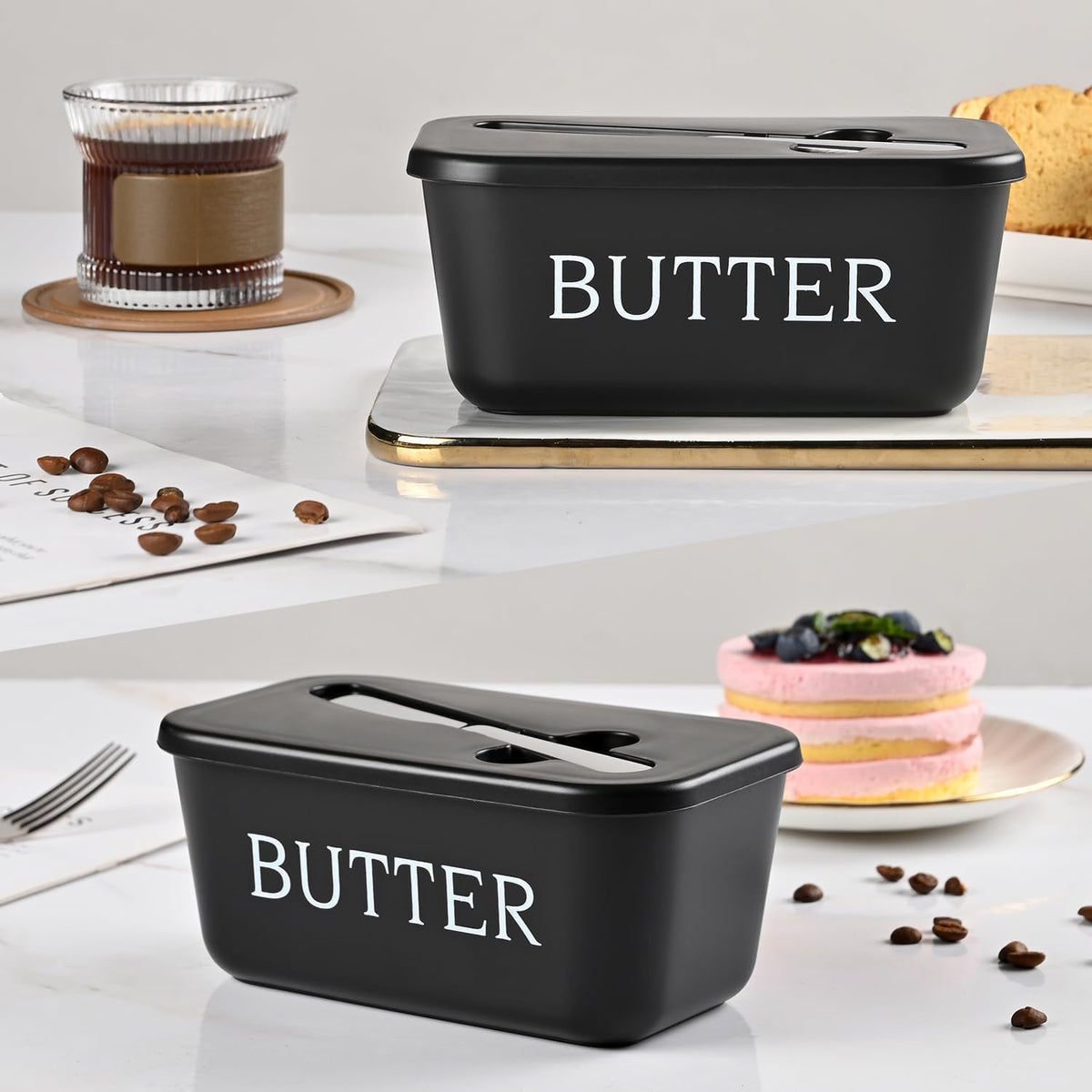Large Plastic Butter Dish With Lid And Knife,Food Grade PP Butter Holder Keeper With Cover For Kitchen Refrigerator Black Butter Container