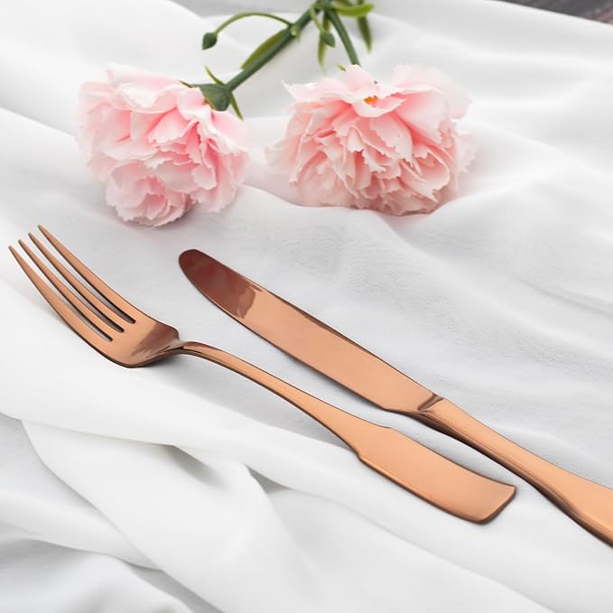 Alata Kate Rose Gold Mirror 40-Piece Silverware Set,Service for 8,Stainless Steel Flatware Set,Mirror Cutlery Set,Dishwasher Safe