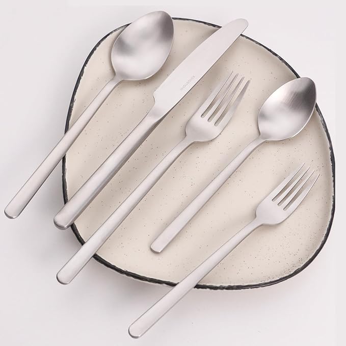 KINGSTONE 30 Pieces Silverware Set, Flatware Cutlery Set for 6, 18/10 Stainless Steel Silverware Utensils Minimalist Design Dishwasher Safe, Matte Silver