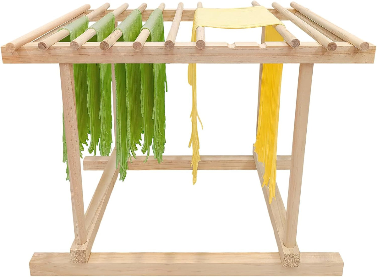 Wooden Pasta Drying Rack with 12 Detachable Rods & Fixed Grooves, Effortless Pasta Transfer, Holds Short/Long Noodles