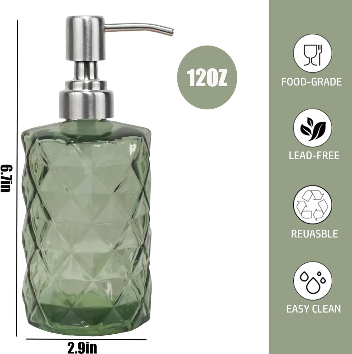12Oz Green Glass Soap Dispenser with Stainless Steel Pump, Refillable Kitchen Liquid Hand Soap Dispenser with Diamond Design, for Dispense Hand soap, Dish Soap, Lotion, Bathroom, Countertop, Hotel