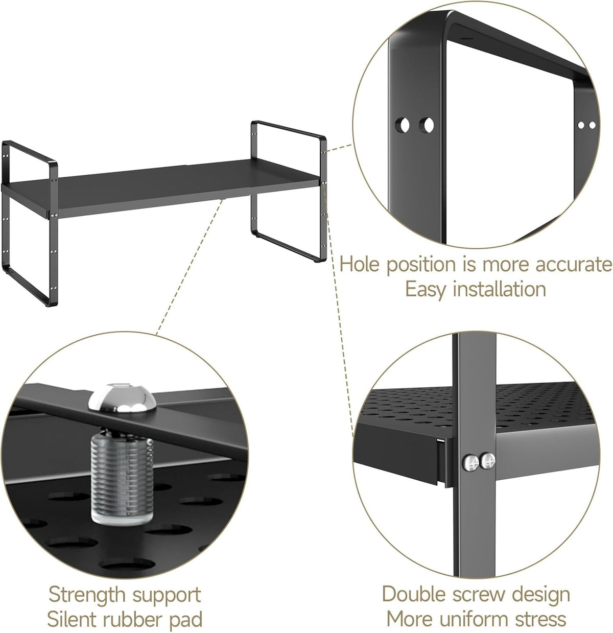Hole Pattern Expandable Shelf Organizer,1Pack 8.1" Wide Easy to Assemble Cabinet Organizer Shelf, 16.5~27.1" Adjustable Height&Stackable Spice Organization for Cupboard, Black