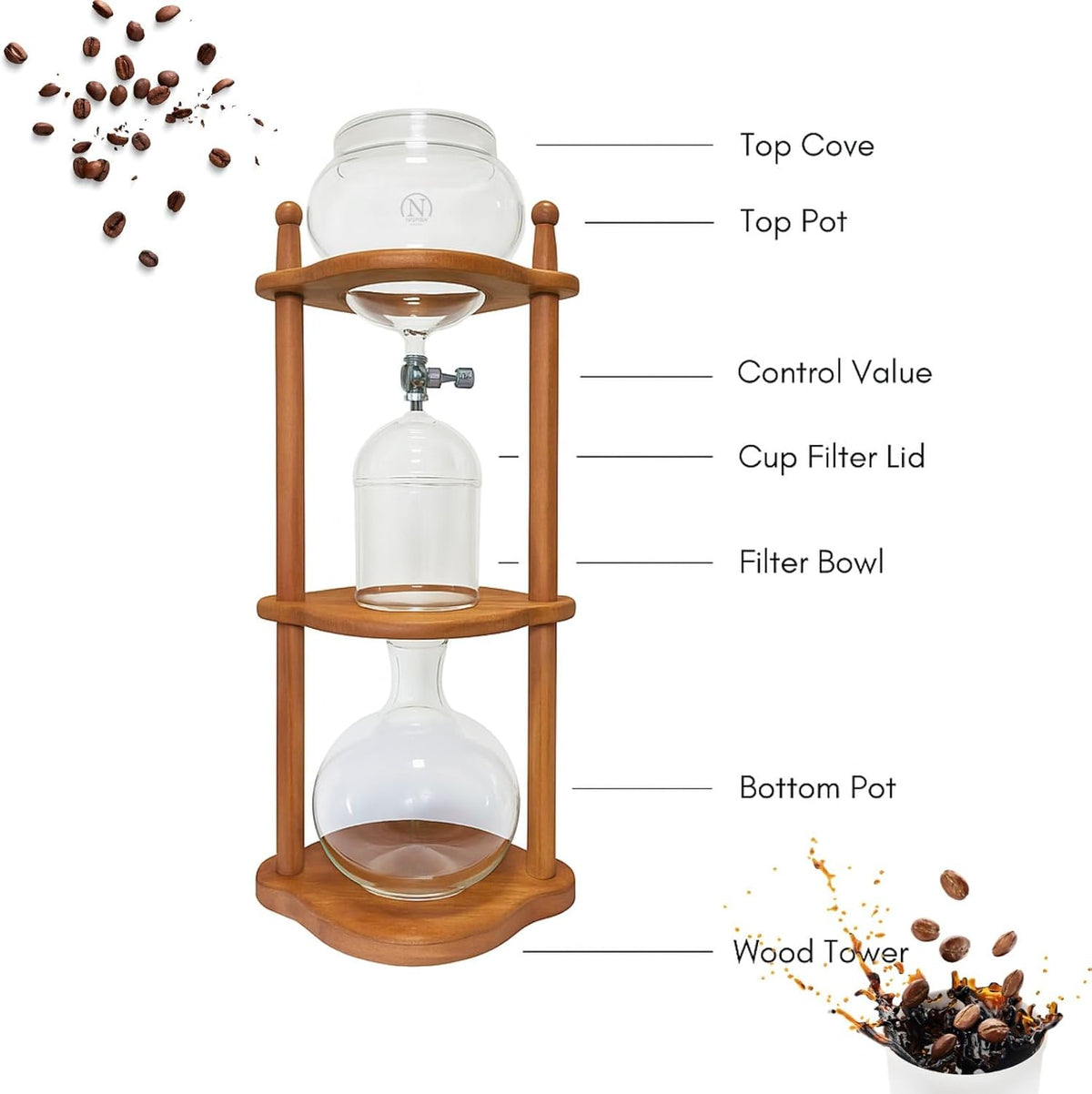 Nispira Cold Brew coffee Maker Ice Coffee Drip Machine with Advanced Slow Drip Technology Borosilicate Glass with Wood Tower, 6-8 Cup, Brown