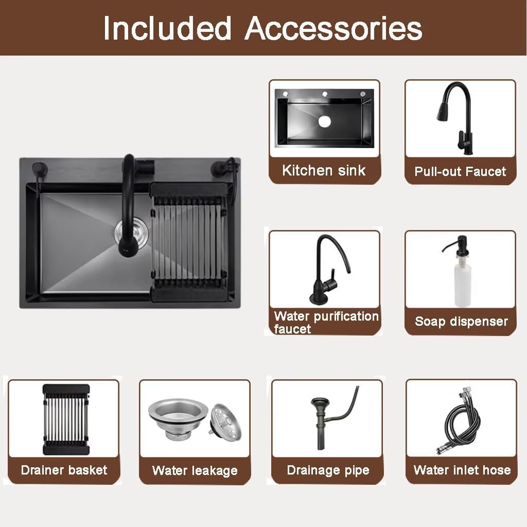 Black Drop in Kitchen Sink, Stainless Steel Single Bowl Sink with 3 Holes, Topmount Workstation Sink, Farmhouse Rectangle Basin with Multiple Accessories (31.5 * 19.7 * 7.9in)