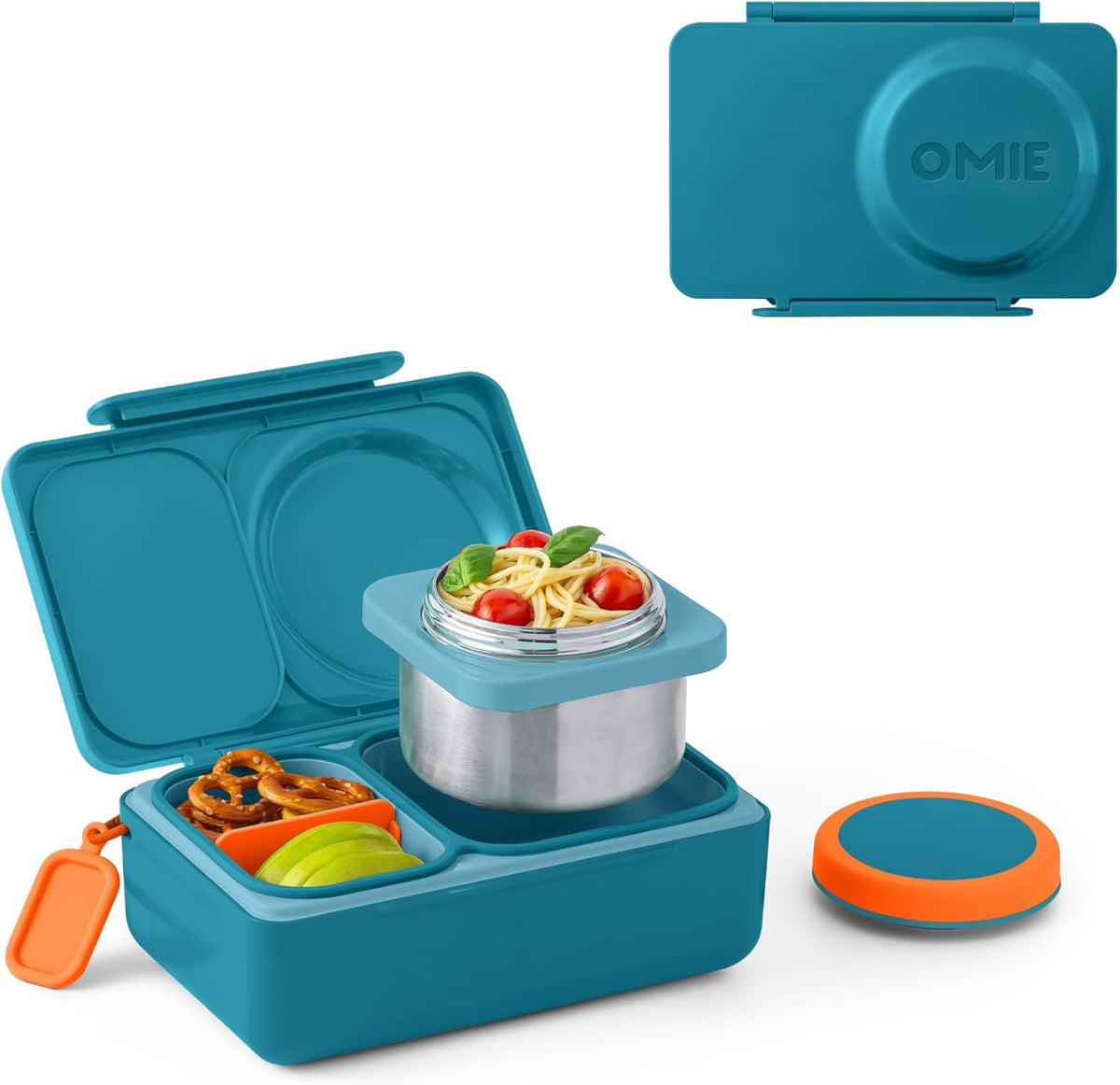 Omie OmieBox UP bento Box for Kids | Insulated Lunch Box | Leak Proof Vacuum Insulated Thermal Food jar | Cooler ice Pack | 2 Compartments (Teal Green)