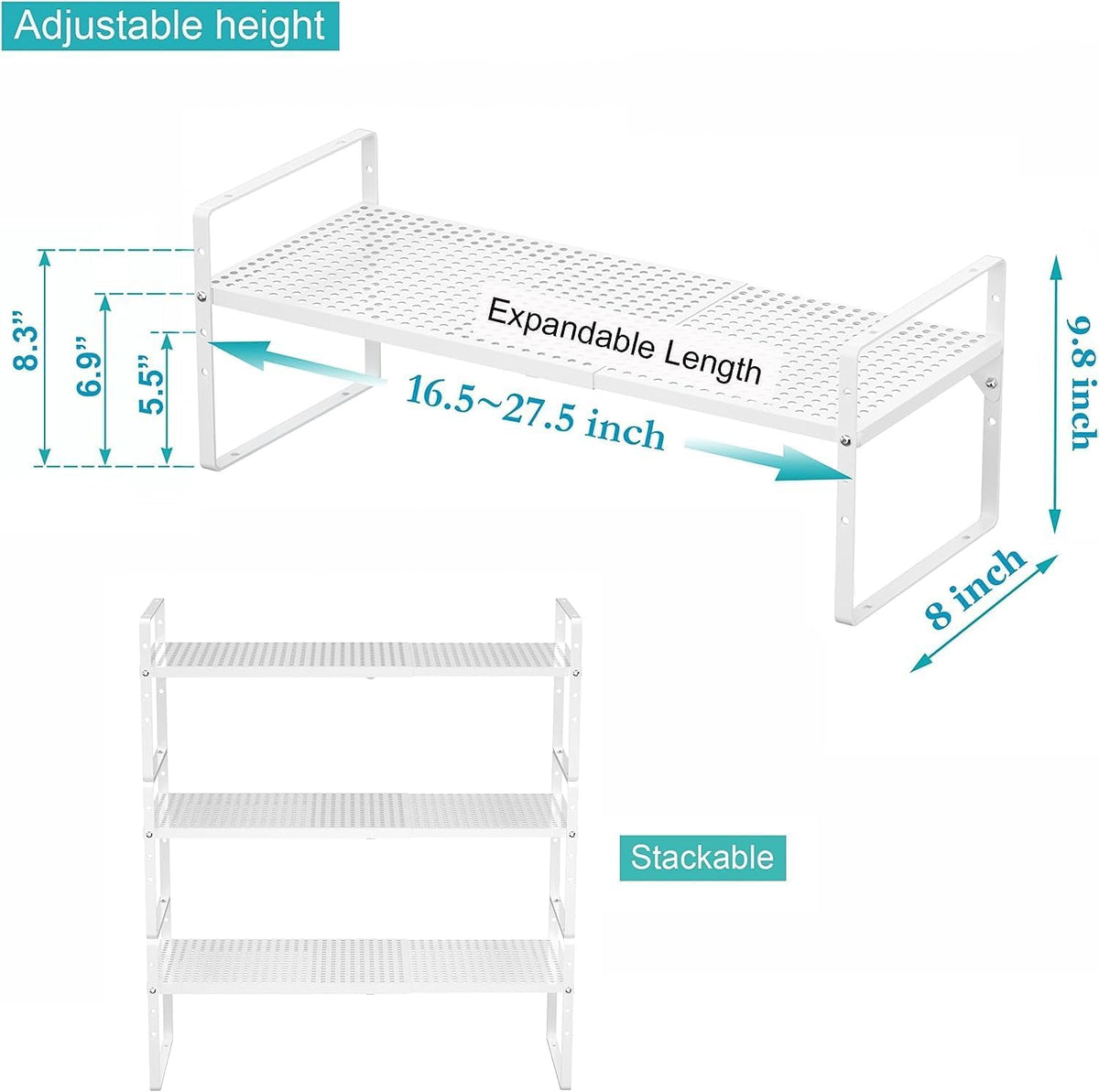 iPEGTOP Expandable Cabinet Storage Shelf Organizer Rack, Heavy Duty Stackable Steel Metal Spice Rack Adjustable Height Pantry Garage Shelf for Counter Kitchen Organization, White - 2 Pack
