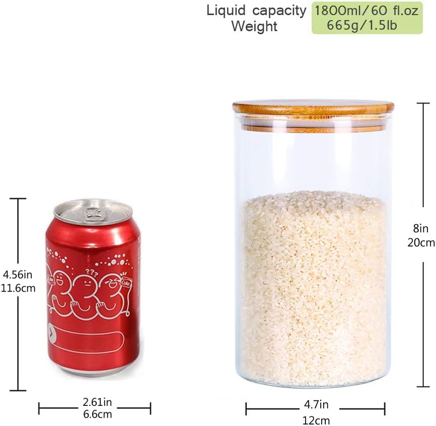 Glass Rice Storage Containers, 60 FL OZ (1800ml) Kitchen Food Jars with Airtight Lid, Stackable Clear Pantry Canister for Coffee Bean, Pet Treat, Flour, Loose Tea and More