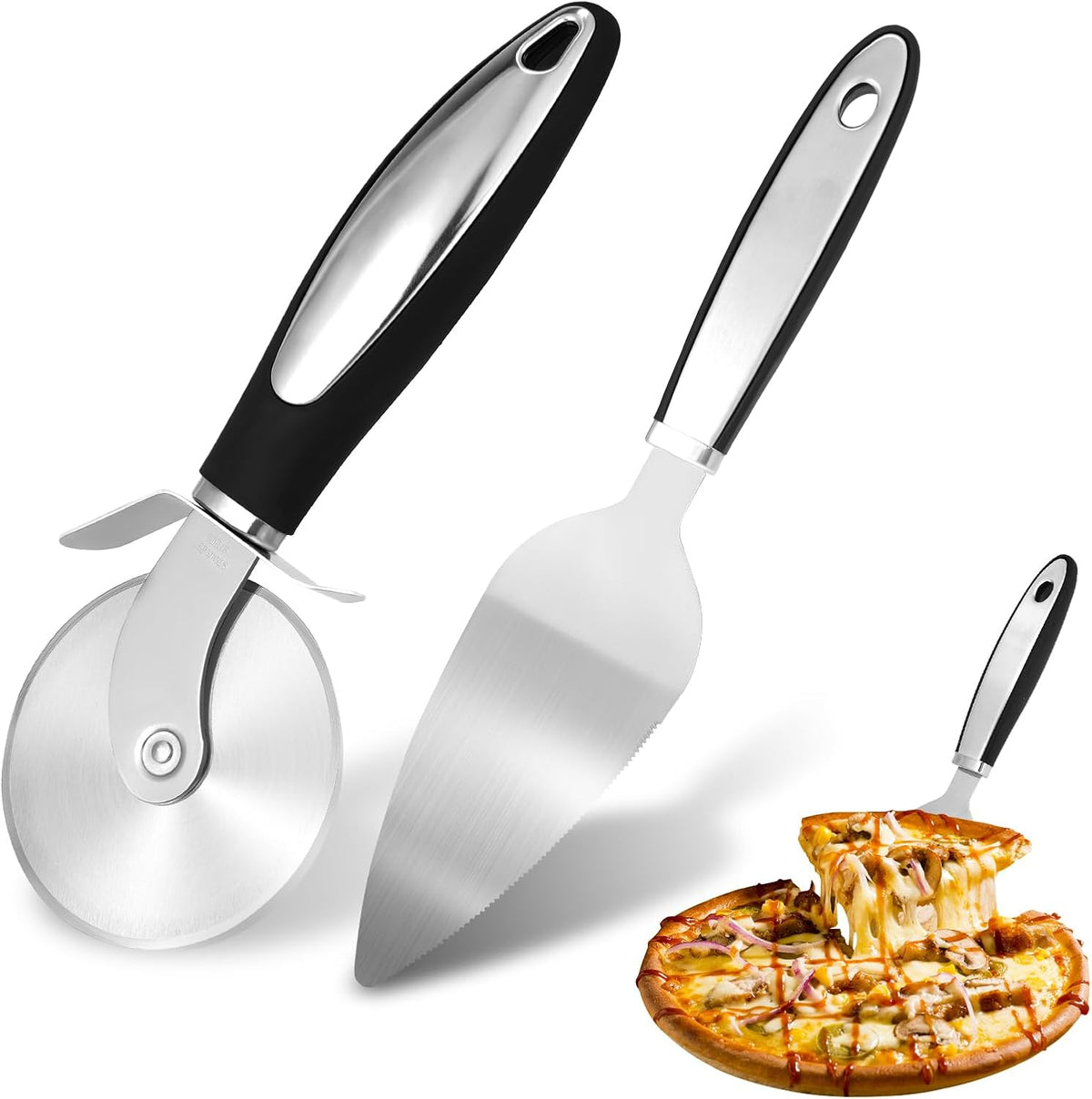 SVNR Classic Pizza Cutter Set, Stainless Steel 8.5" Pizza Cutter Wheel and 10.5" Pie Server Set, 2PCS Pizza Wheel Cutter & Pie Server for Cutting and Serving Pizza