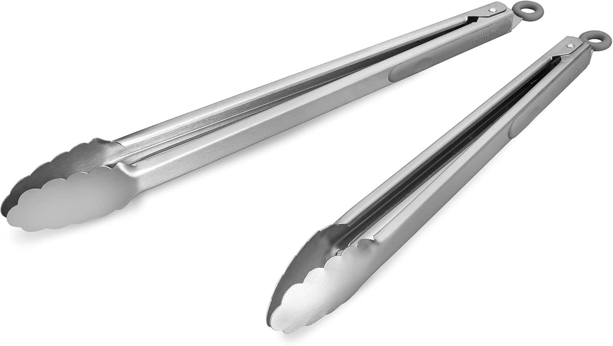 304 Stainless Steel Kitchen Cooking Tongs, 14" and 16" Set of 2 Sturdy Grilling Barbeque Brushed Locking Food Tongs with Ergonomic Grip, Grey