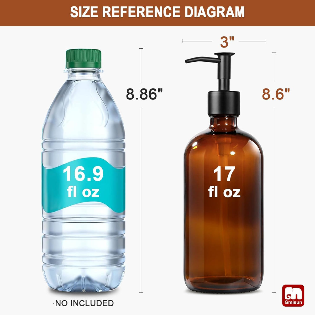 GMISUN Amber Glass Soap Dispenser, 2 Pack Bathroom Hand Soap Dispensers with Stainless Steel Pump, 17 Fl Oz Kitchen Hand and Dish Soap Dispenser Set, Modern Vintage Liquid Brown Soap Dispensers Bottle