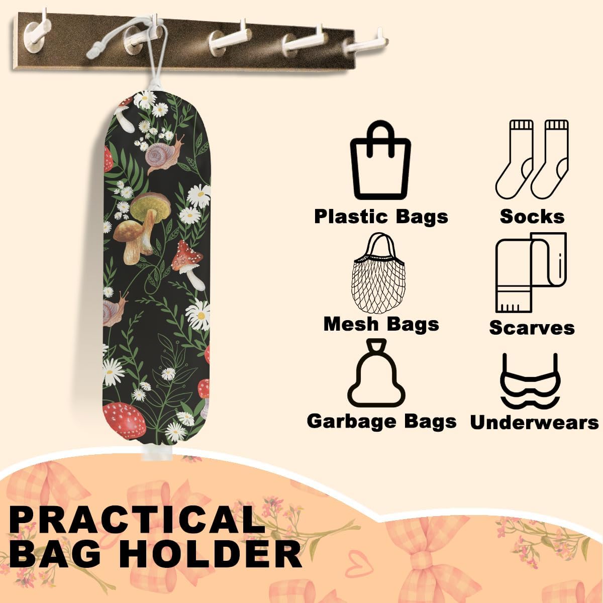 Vibrant Mushroom Plastic Bag Holder for Kitchen Essentials, Snail Floral Grocery Bag Holder for Plastic Bags, Washable Shopping Bags Storage Dispenser for Home Kitchen, Mushroom Gifts for Women