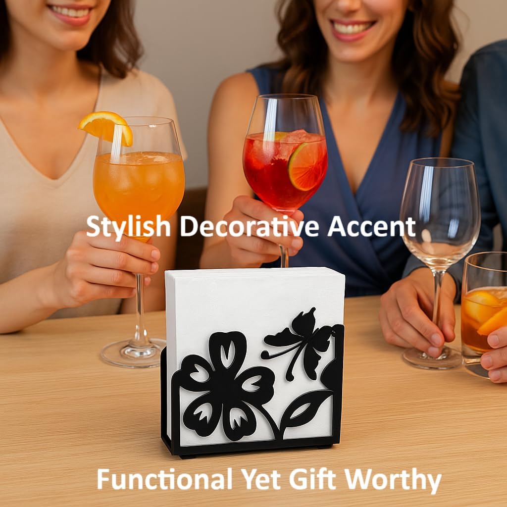 Butterfly napkin holder Set – 2 Pack Black metal napkin holder in the shape of a flower & Coffee filter holder for Kitchen, Dining & Coffee Bar – Fits Everyday, Cocktail Napkins & Filters Size 2 & 4