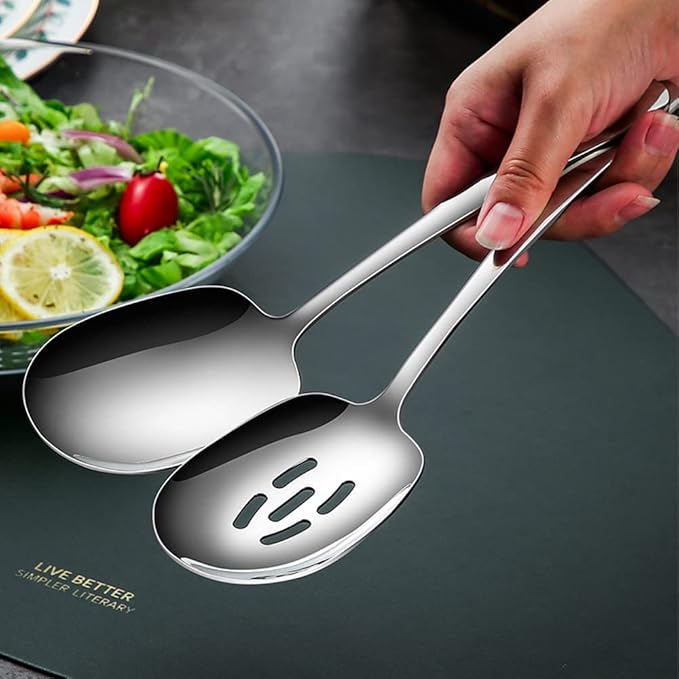 Extra Large Serving Spoons Set,18/8 Stainless Steel Slotted Spoon and Serving Spoon,9.8 Inch Buffet Spoons Set,Tabletop Flatware Utensil (2pack)