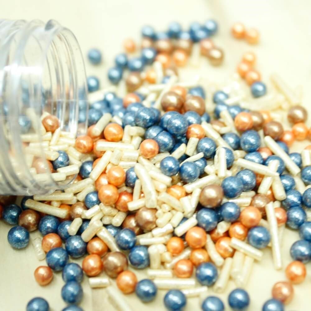 Confect Love Disco Balls Confectionery Sprinkles, Blue Yellow Gold White Mix, Decorative Candy Pearls | Vegan, Gluten-Free, Soy-Free, Dairy-Free, Palm Oil-Free – 4.2 Oz