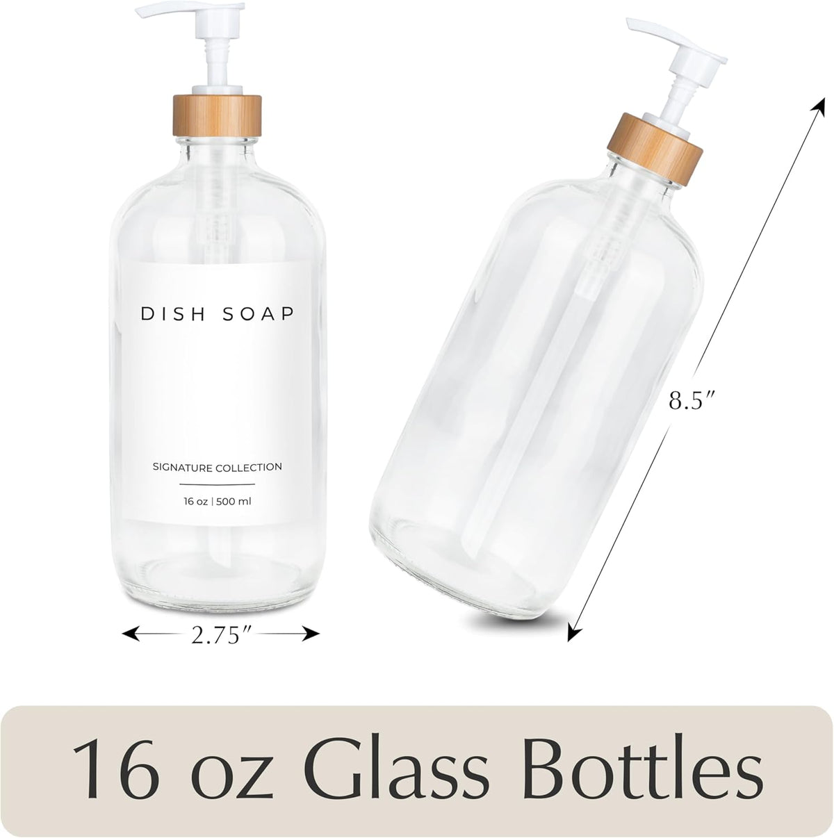 Emerson Glass Soap Dispenser Set - 16 Oz, 2 Pack with Pump and Labels for Kitchen and Bathroom