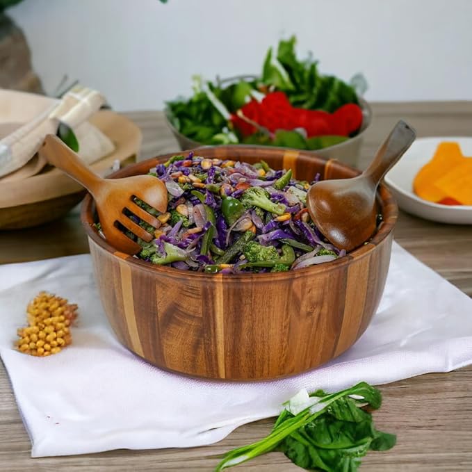 Extra Large Wooden Salad Bowl - 12“ x 5” Acacia Wood Serving bowl with 2 servers, Large Fruit bowl for food with serving utensils, Housewarming Wedding Christmas Gift