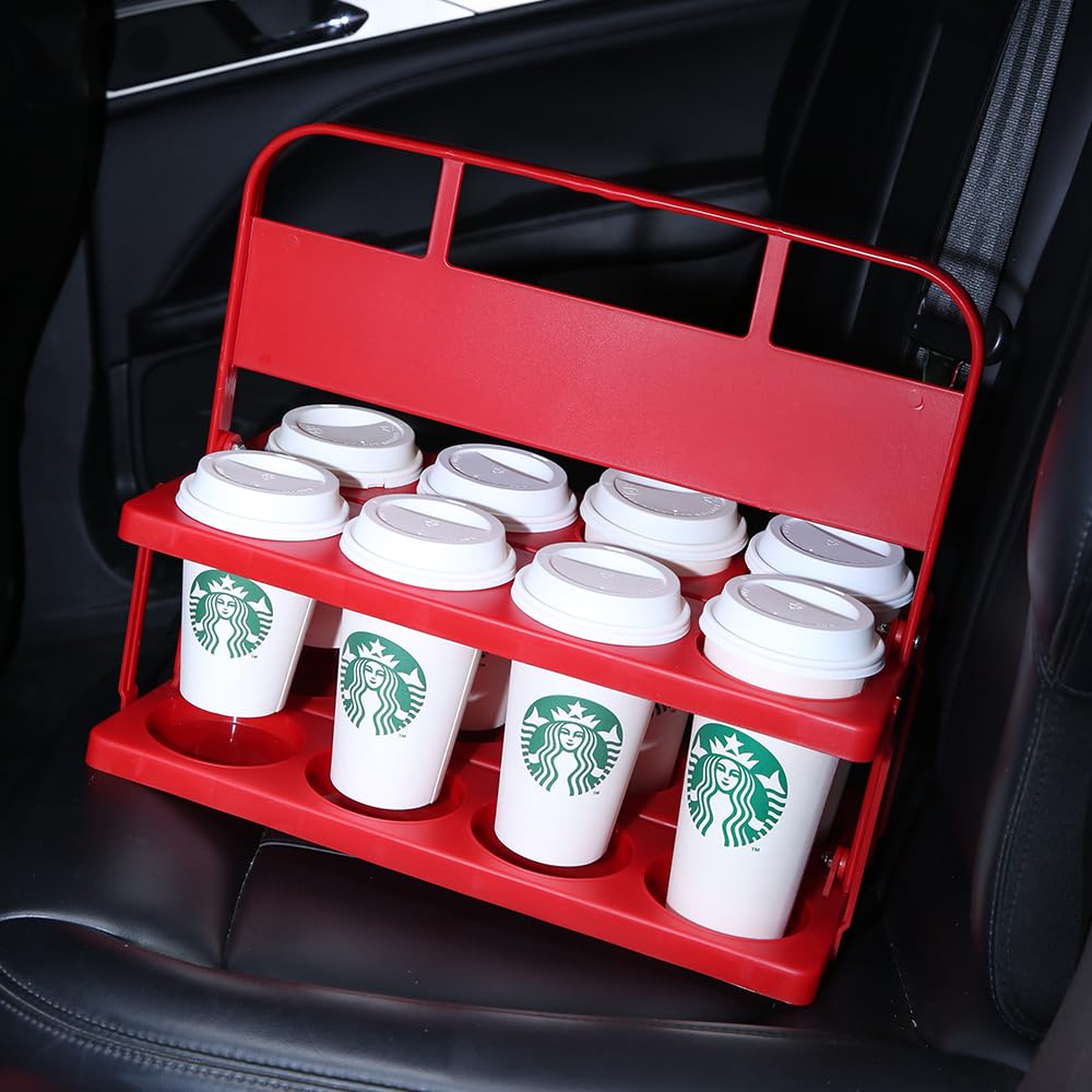 Bodaon 8 Cup Drink Carrier with Handle, Plastic Cup Carriers for Drinks, Drink Holder for Car, GrubHub/Eats Doordash Accessories, Portable Foldable Reusable Mobile, Use for Food Delivery Bag, Red